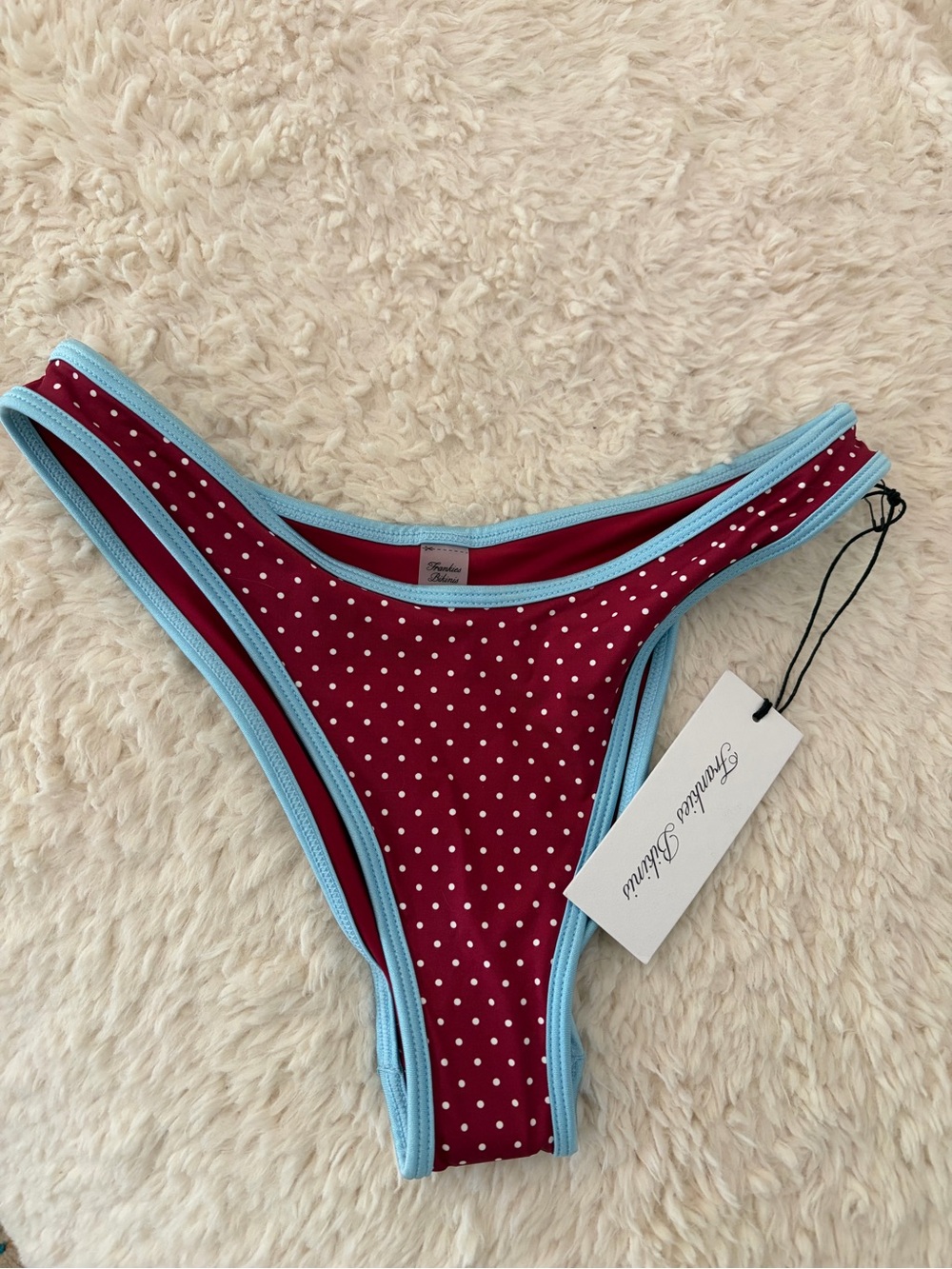 NWT Frankie’s Bikini Bikini Bottom - Maroon Polka Dot with Light Blue Trim